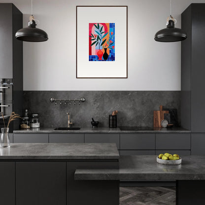 Modern kitchen with dark cabinetry and Ecstatic Ceramic Blooms framed wall art