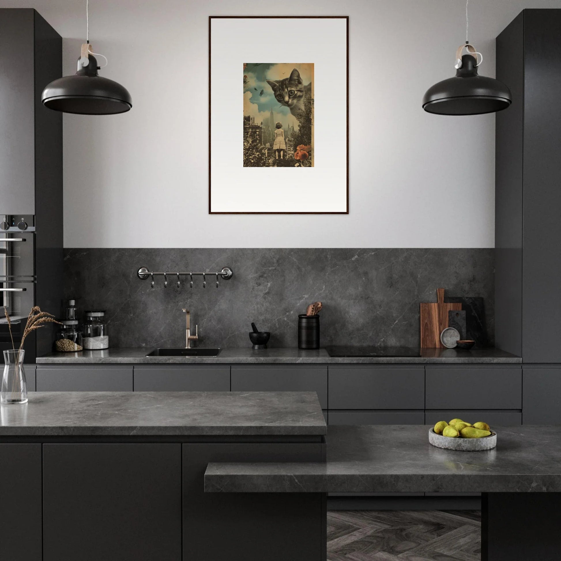 Modern dark gray kitchen featuring whimsical cat wall art for stylish room decoration