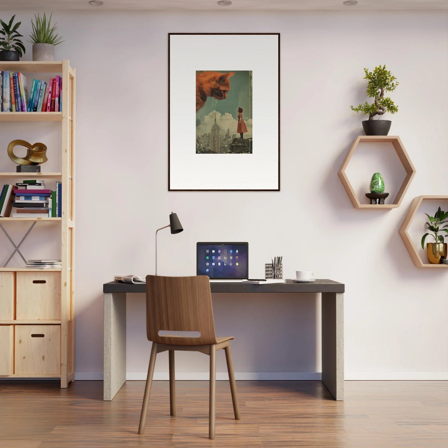 Home office workspace with desk, chair, and framed wall art for Giants Gaze room decor