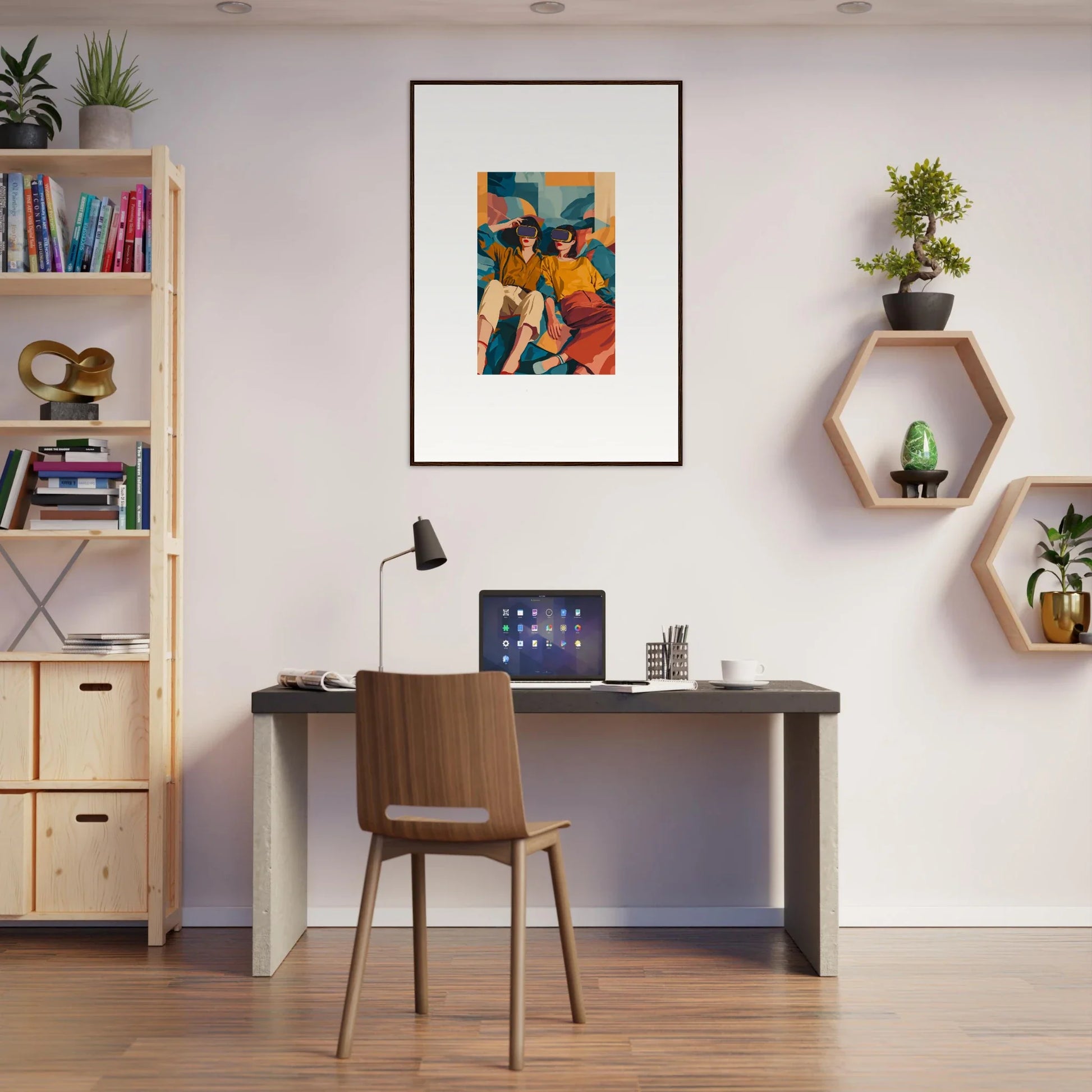 Home office workspace with desk, chair, and Cosmic Lovers Reve canvas print decor