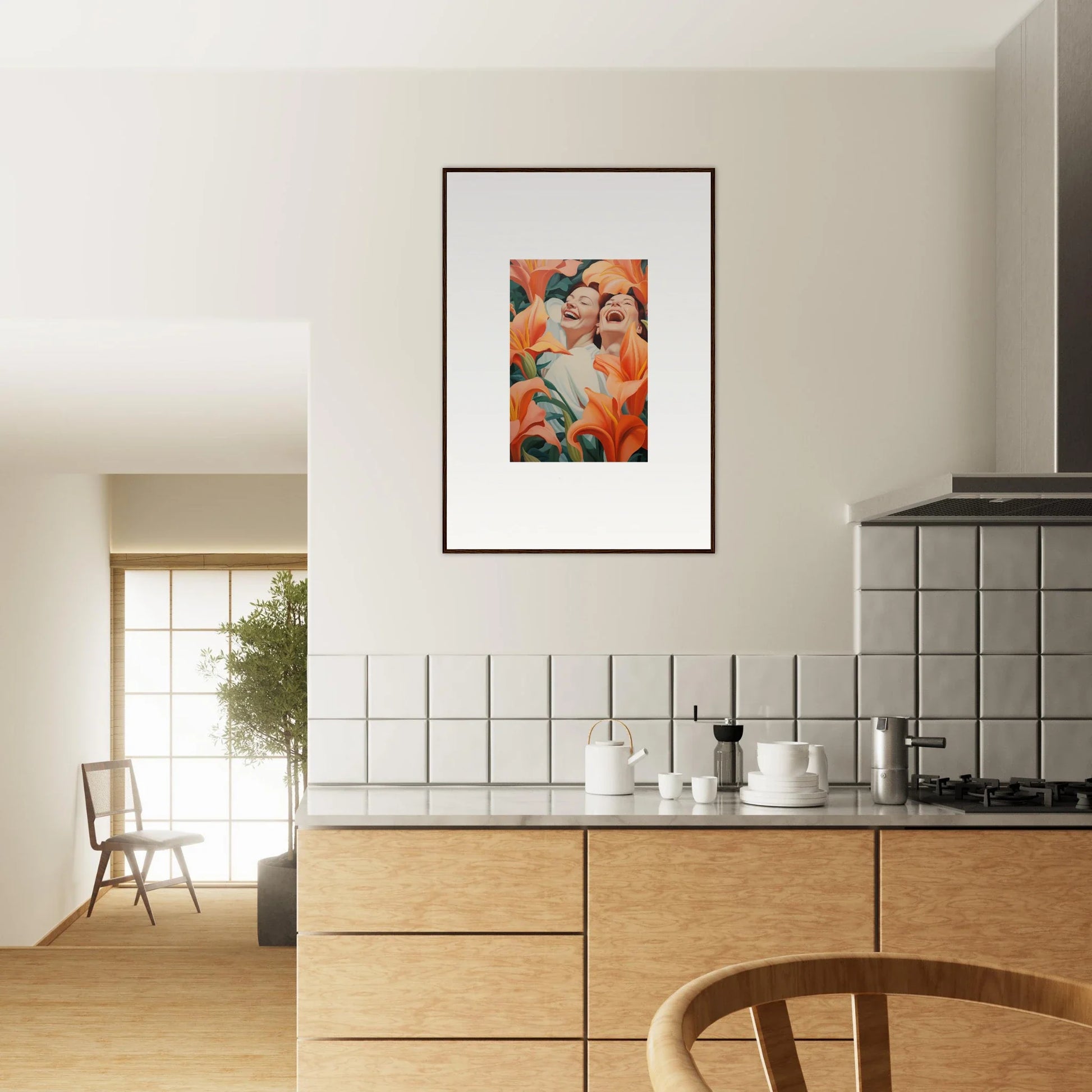 Colorful wall art of a person surrounded by flowers perfect for room decoration