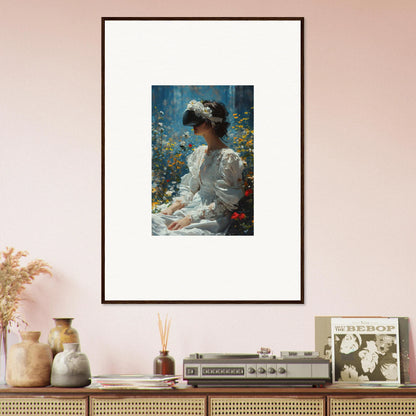 Framed canvas print of a woman in white, perfect for bloom reverie room decoration