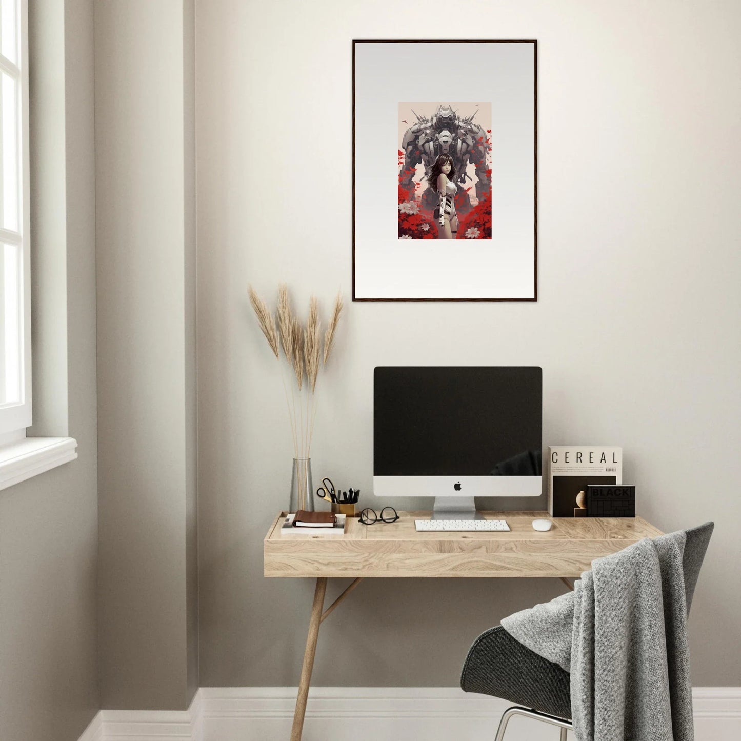 Minimalist home office with wooden desk, computer, and Poppy Lucidity canvas print