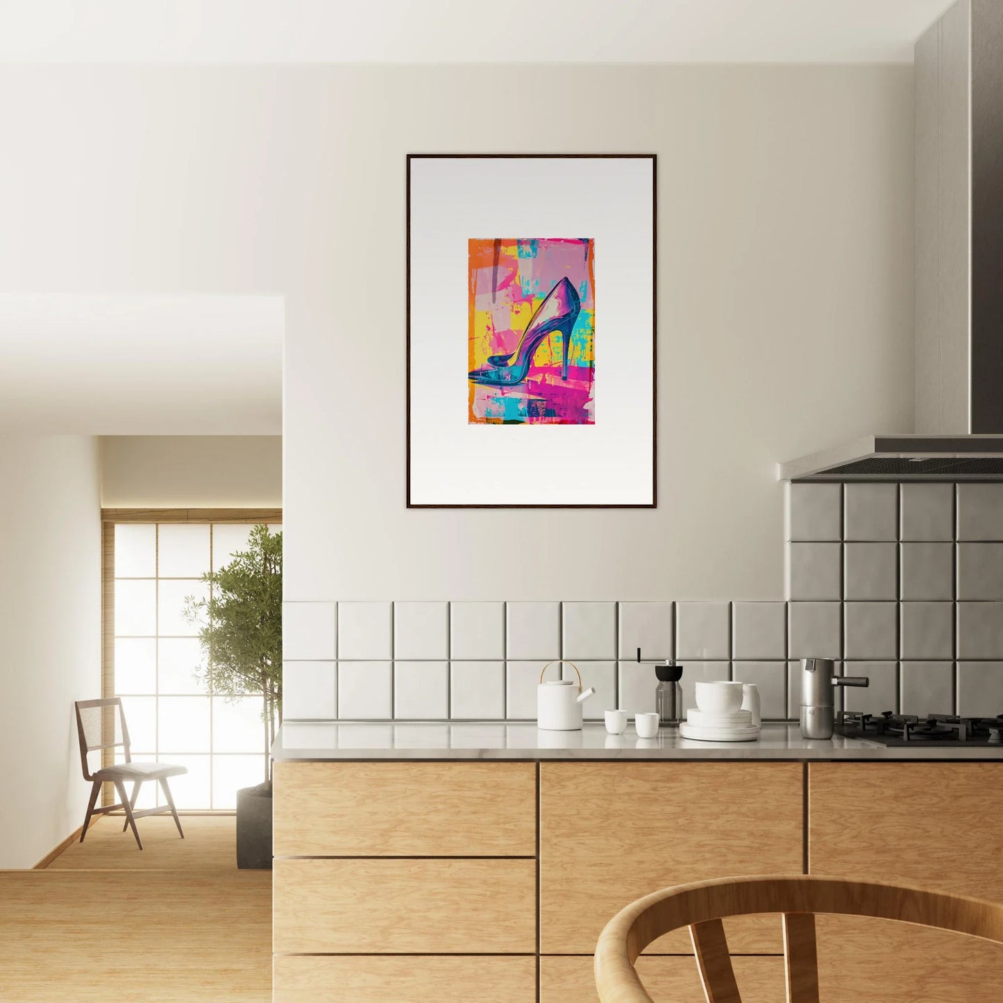 Colorful abstract artwork of a high-heeled shoe for stylish room decor as framed wall art