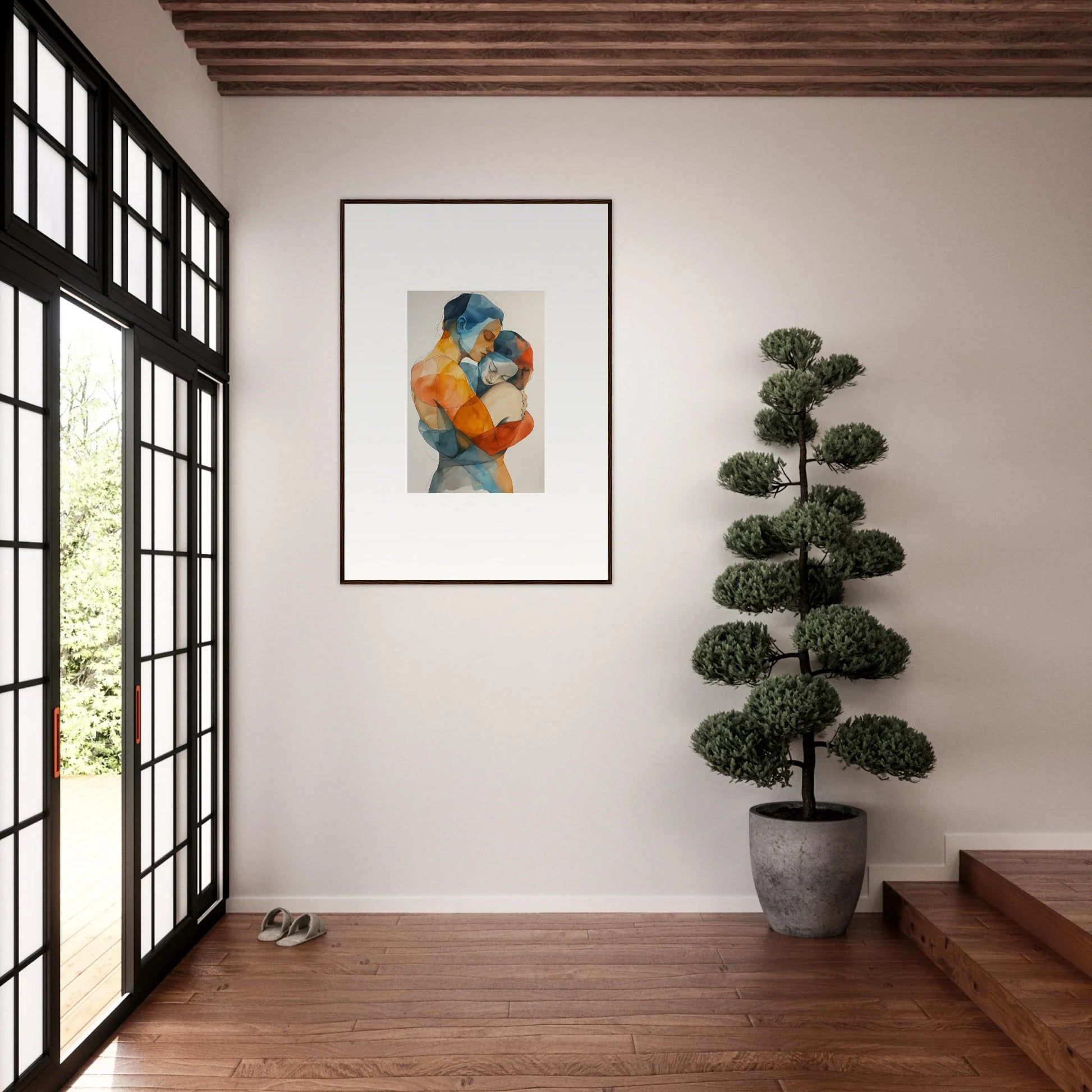 Framed abstract canvas print of intertwined figures in blue and orange for embrace cosmos room decoration