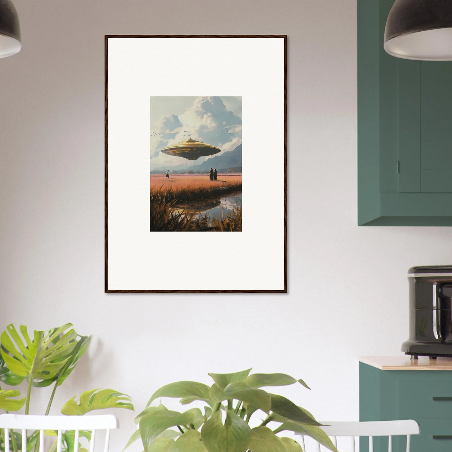 Framed canvas print of a UFO over a rural landscape for drifting suns room decoration