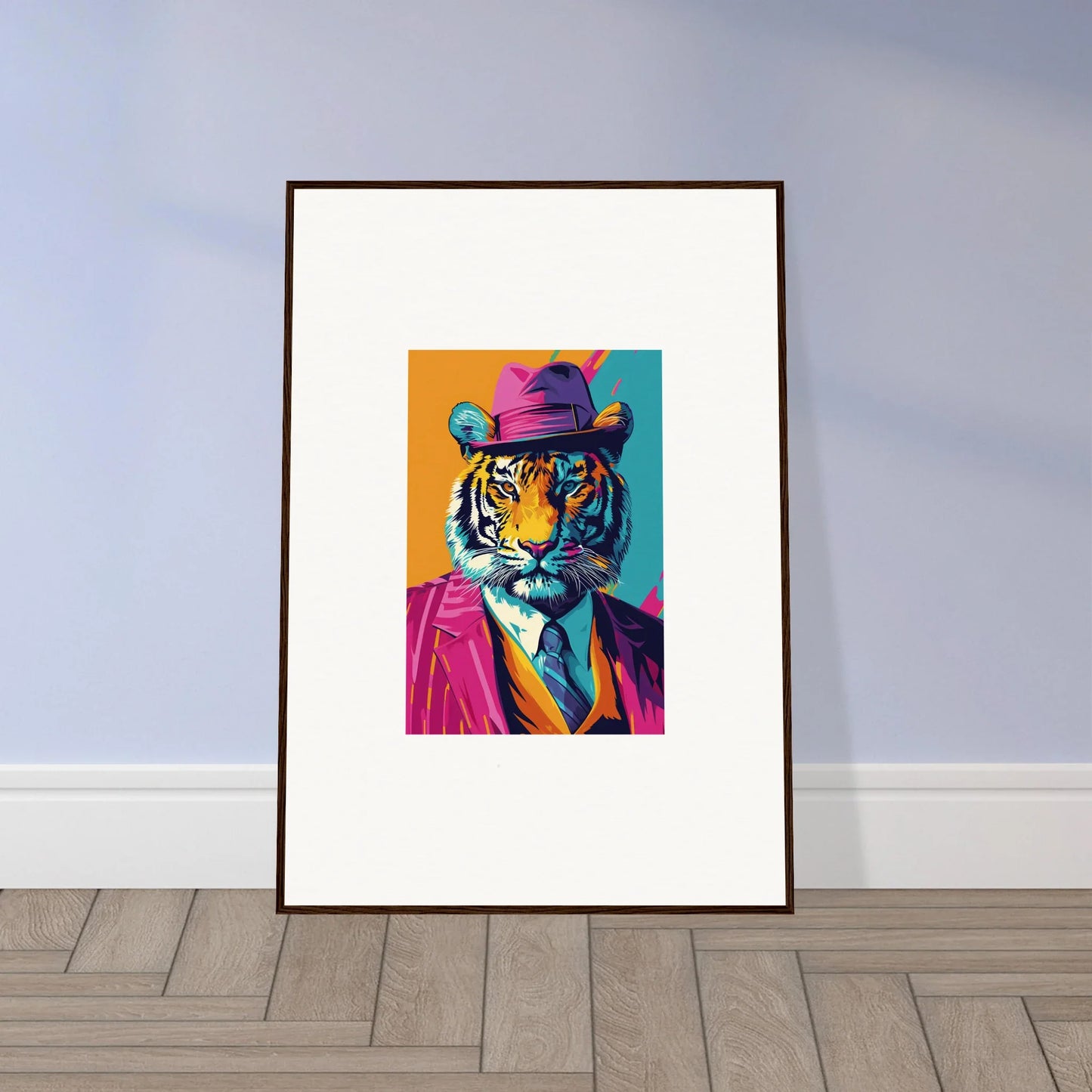 Colorful canvas print of a tiger in a hat and suit for fun room decoration combo renaissance