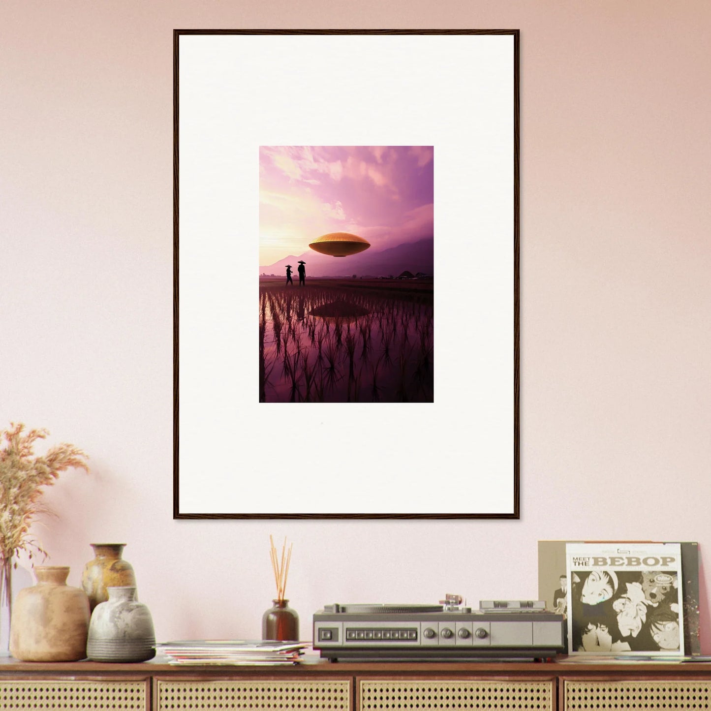 Surreal canvas print of Violet Dreaming with a UFO at sunset, perfect room decoration