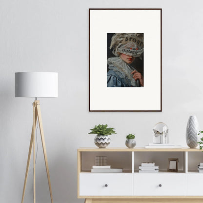 Framed canvas print of artwork with a person and veil cognition text for room decoration