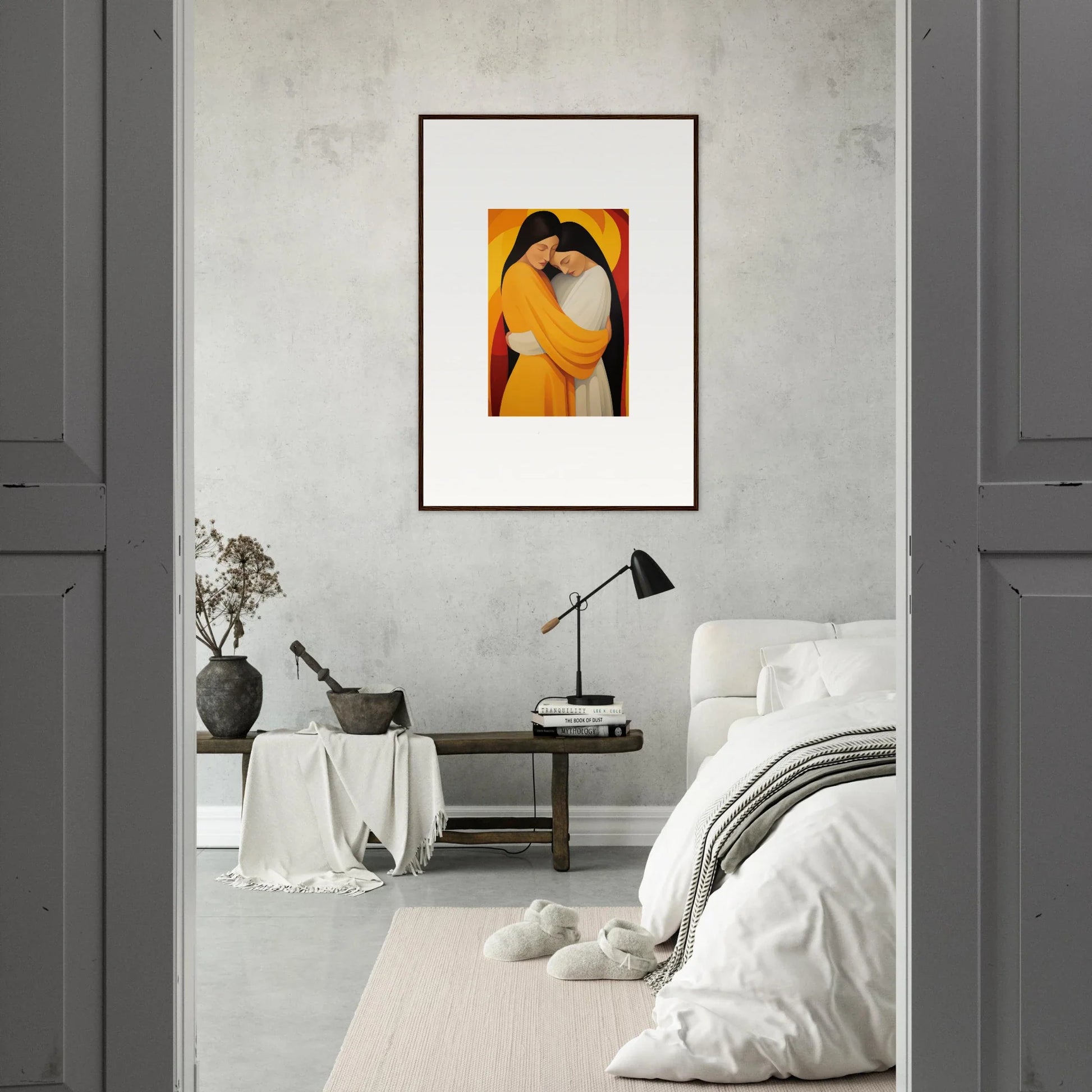 Framed canvas print of Timid Sun Nyah with vibrant orange and yellow for room decoration