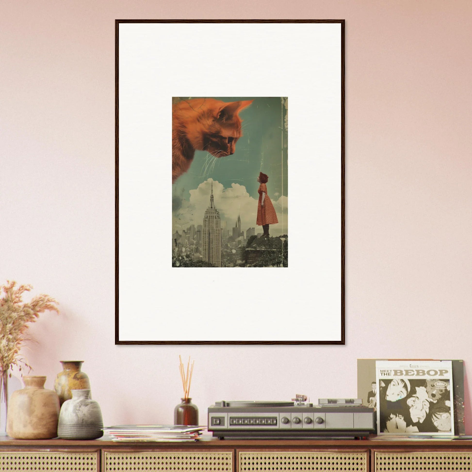 Framed surrealist wall art of Giants Gaze featuring a giant skull, cityscape, and figure