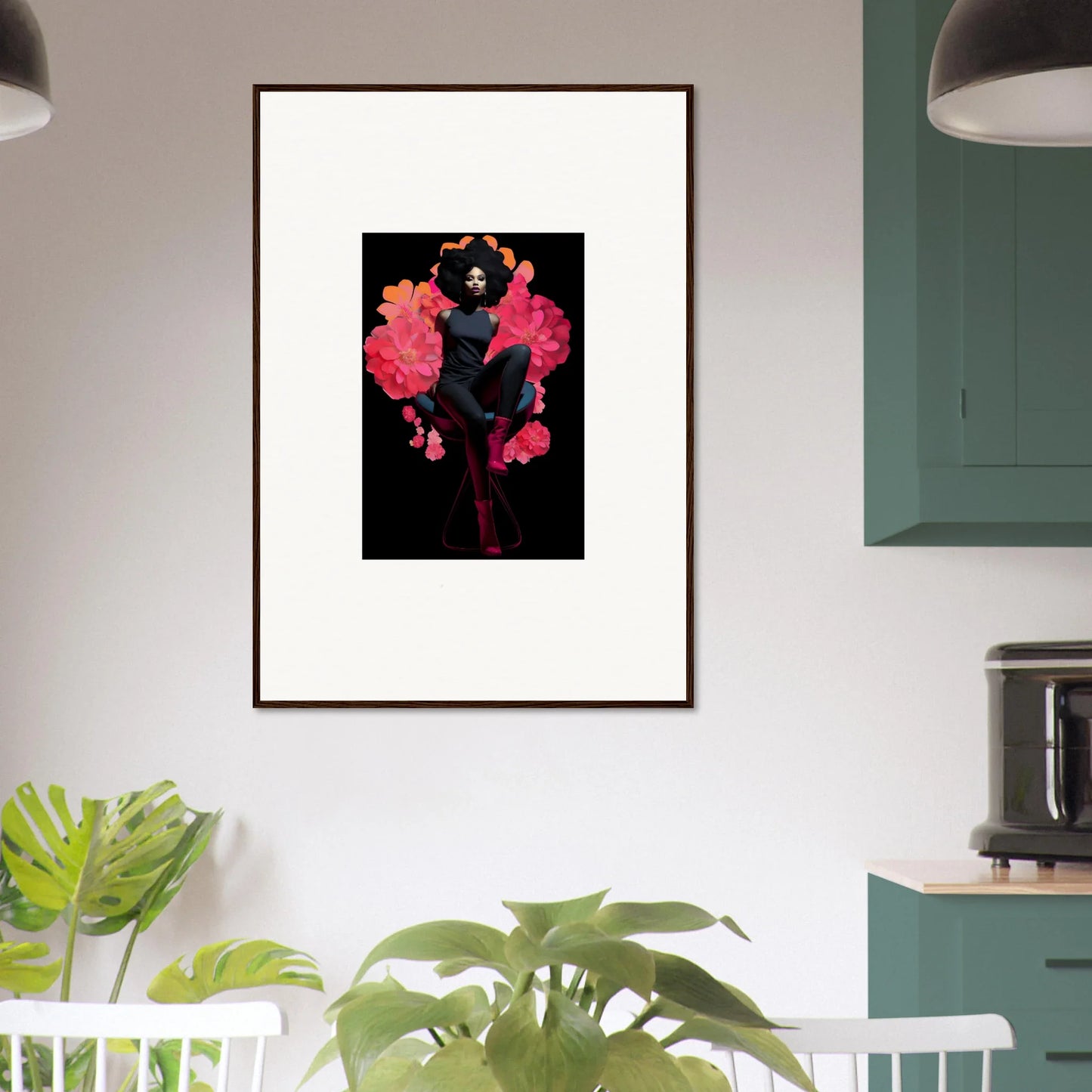 Framed canvas print of a black bear and pink flowers, perfect for your Equinox Sovereign room decoration