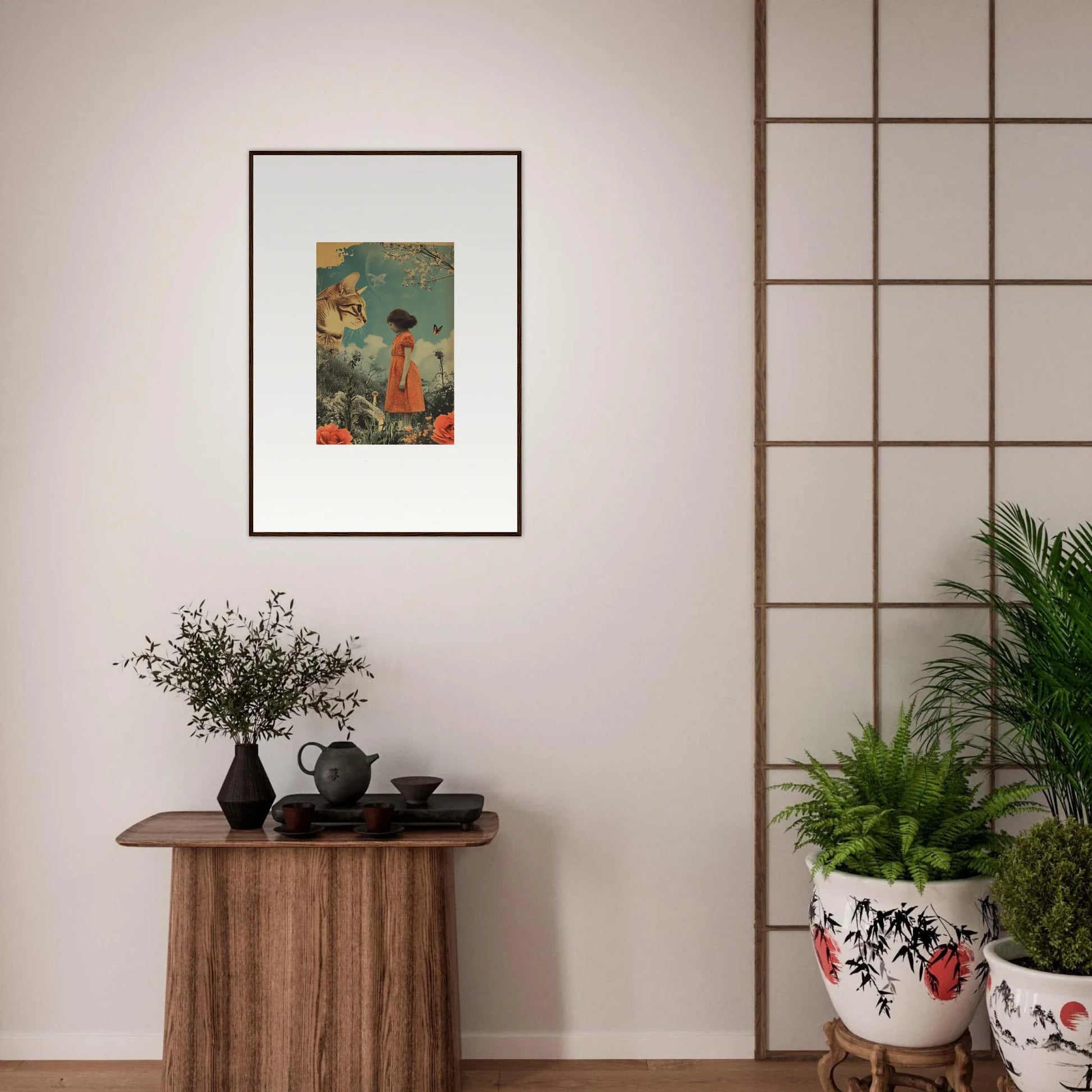 Framed canvas print of two figures in Asian attire for room decoration, Feline Daydream Whisperannels