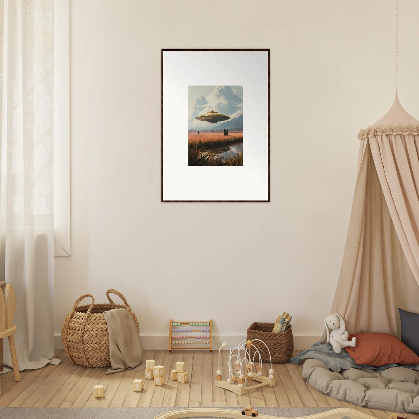 Framed canvas print of a UFO over a landscape for a cool room decoration