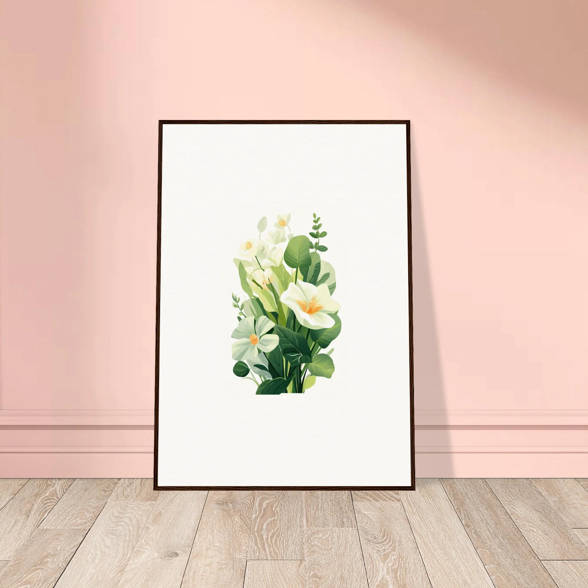 Framed watercolor painting of green leaves and white flowers for your garden whispers room decoration