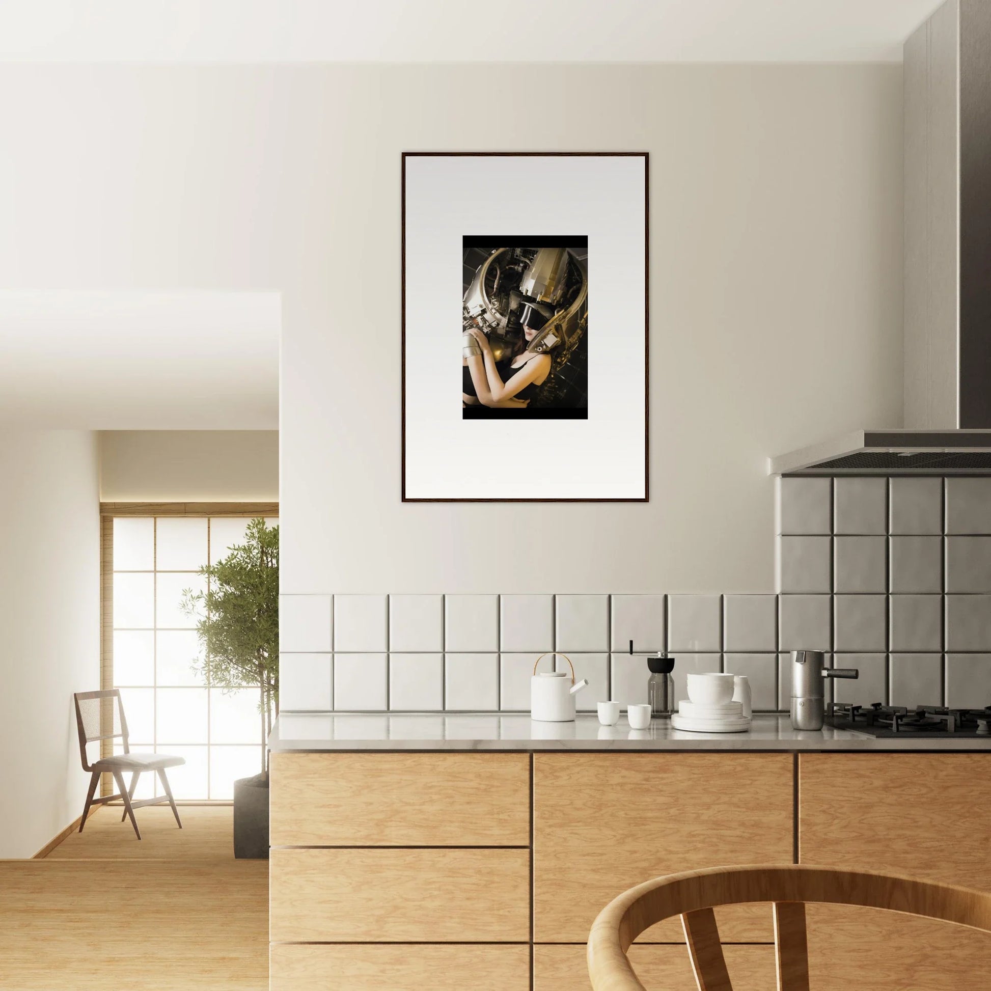 Framed wall art of a person with long hair embracing a horse for room decoration