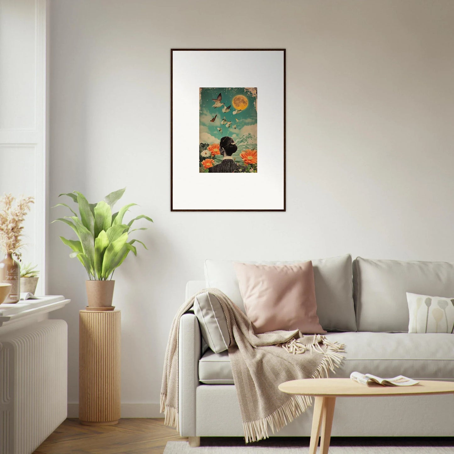 Framed canvas print of Lunar Bloom Reverie silhouette with butterflies for room decoration