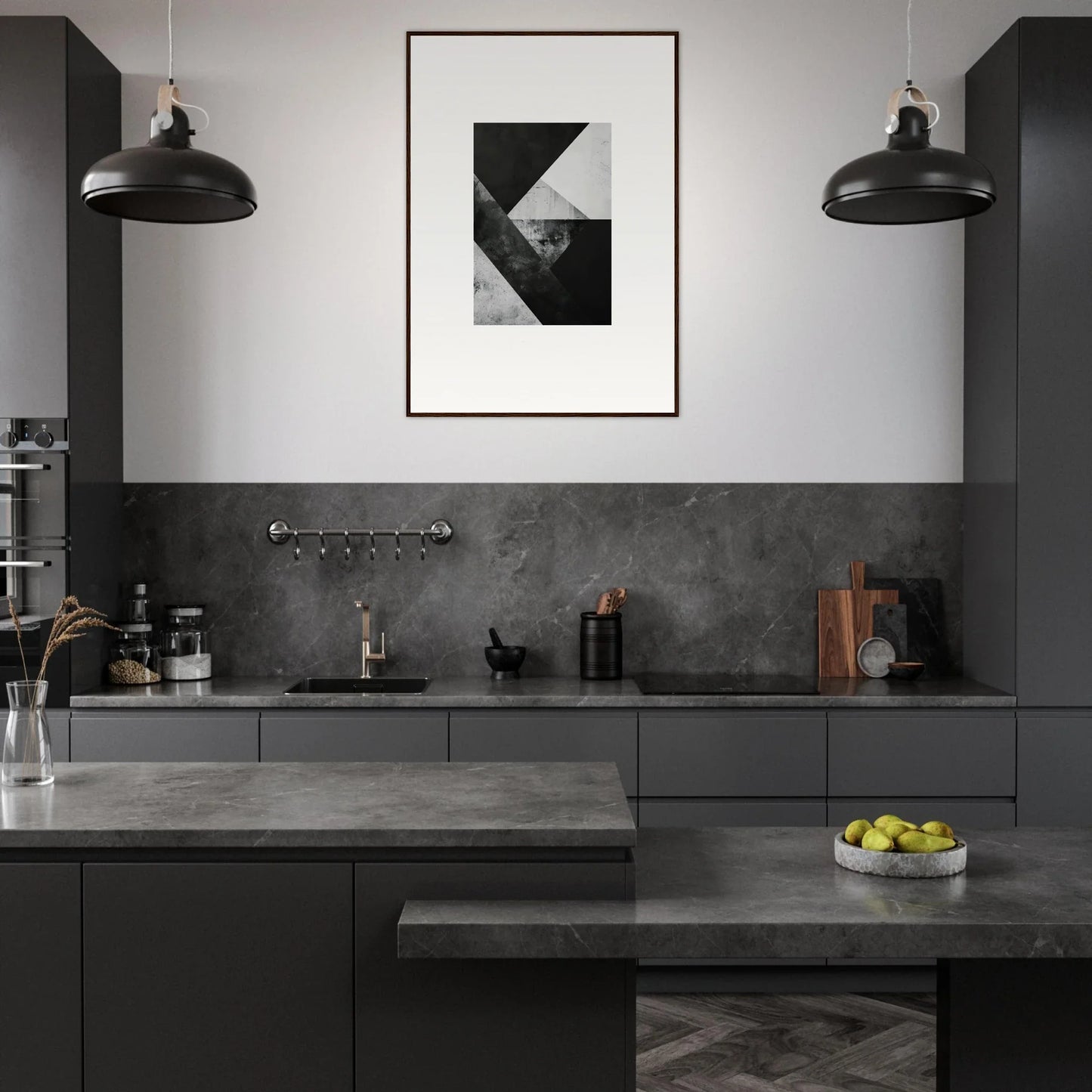 Modern minimalist kitchen with dark gray cabinetry, perfect for room decoration wall art