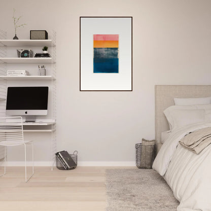 Abstract painting of horizontal color blocks in orange, yellow, and blue frequencies for room decoration