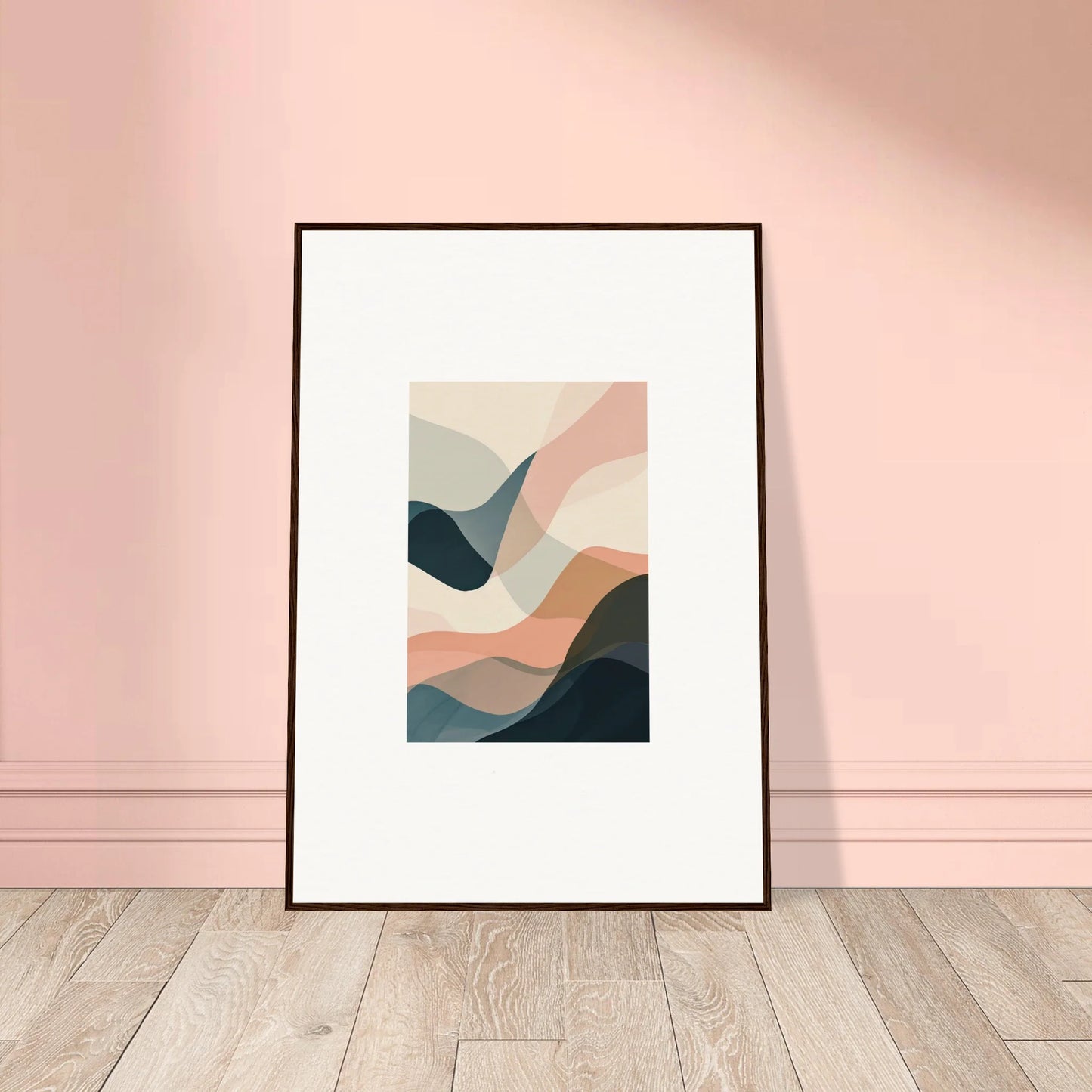 Framed abstract wall art with curved shapes in muted colors for stylish room decoration