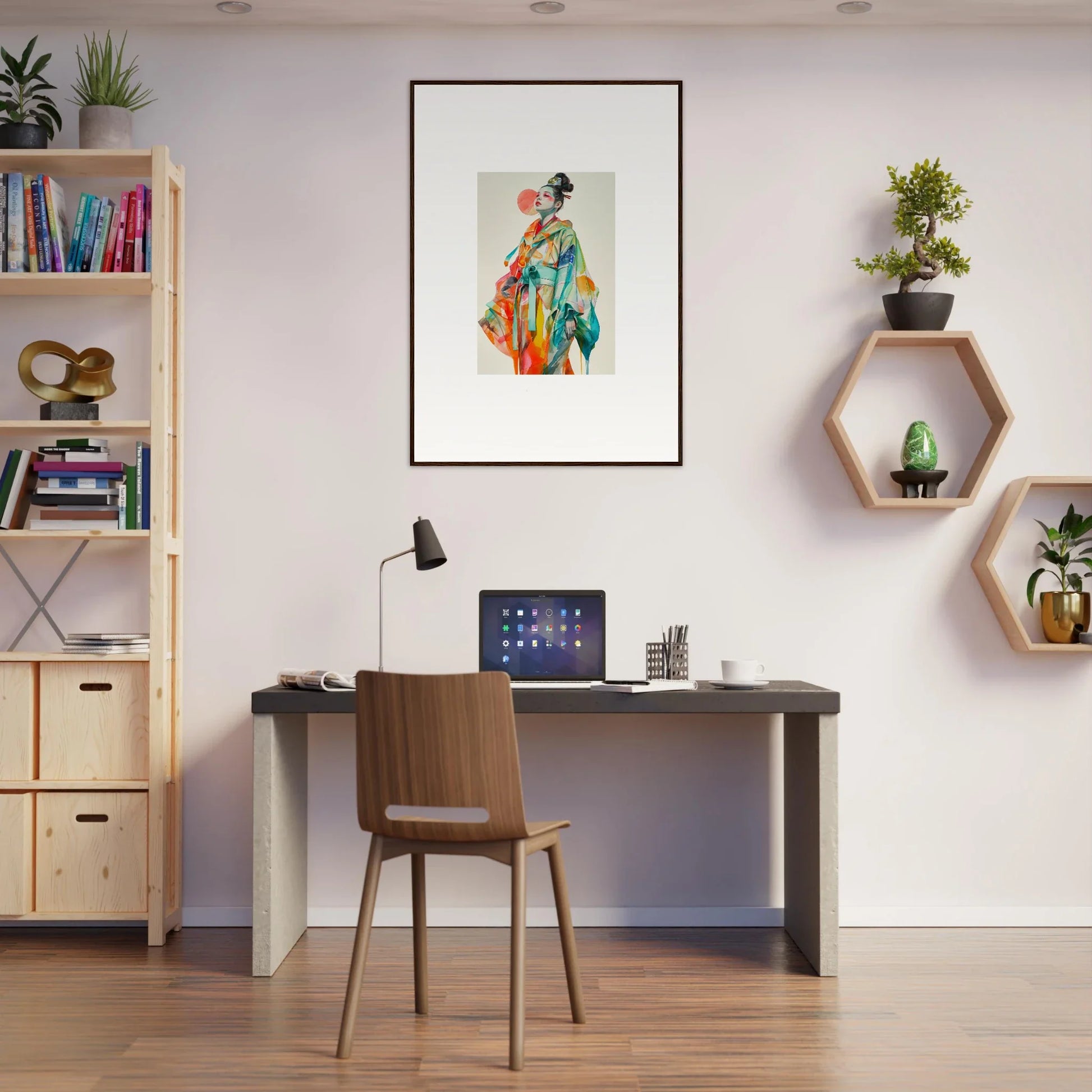 Home office with desk, chair, and cute wall decor featuring rainbow essence canvas print