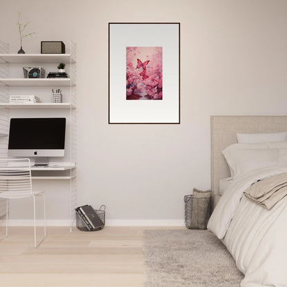 Framed canvas print of a pink deer-like figure for spring euphoria room decoration