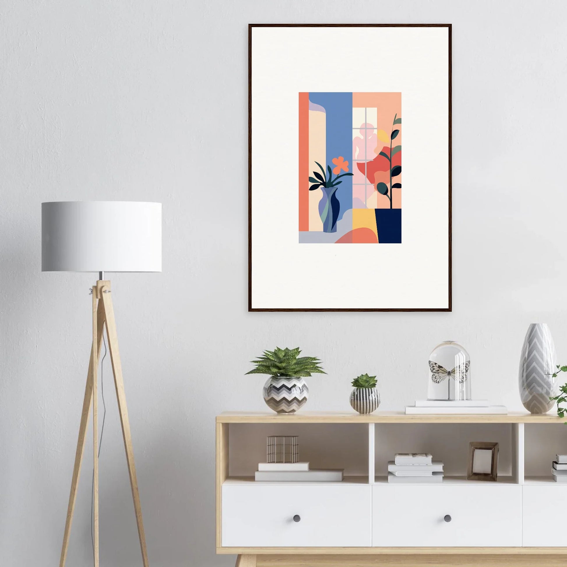 Framed canvas print of Echoic Flower Emblaze, featuring pastel geometric shapes and plants