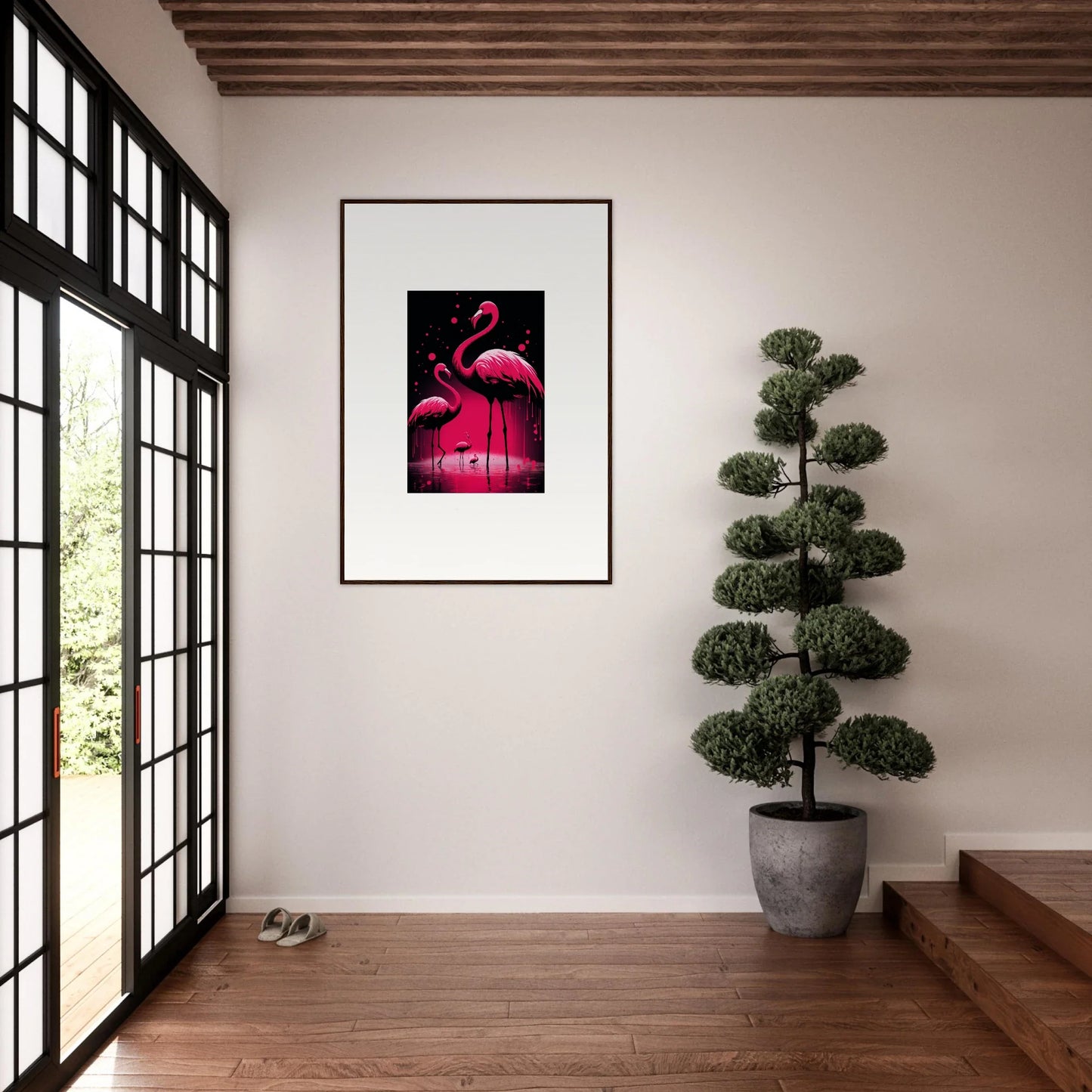 Framed canvas print of pink flamingos for stylish room decoration featuring Feather Wanderers