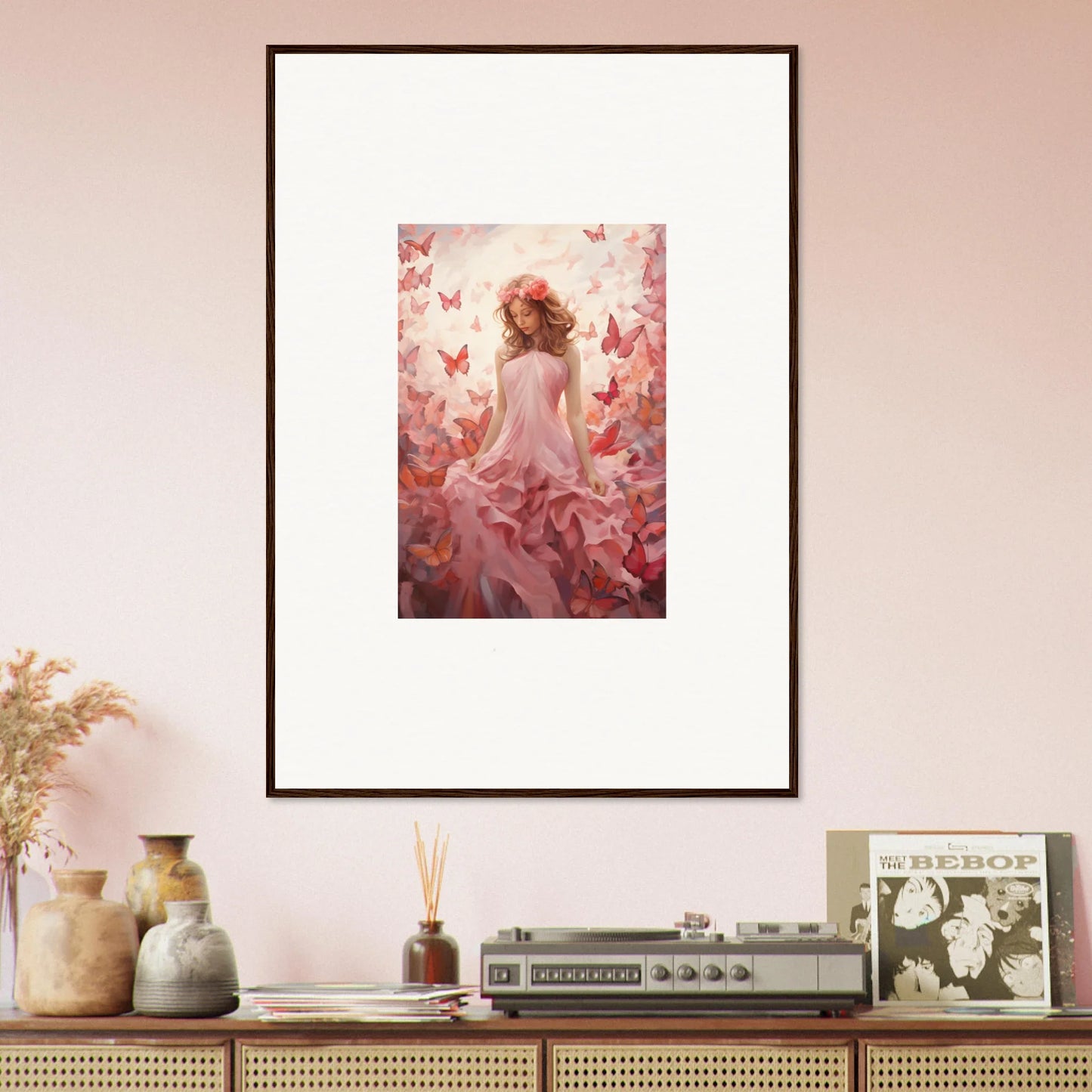 Framed canvas print of a woman and butterflies for autumn lattice room decoration