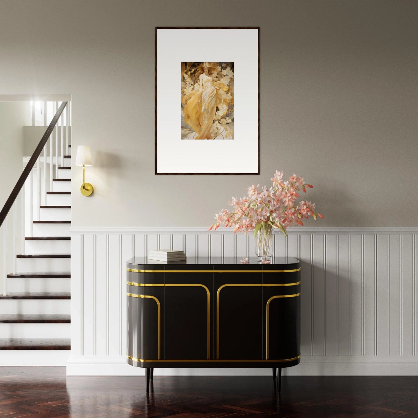 Elegant black and gold sideboard with curved edges for stylish room decoration