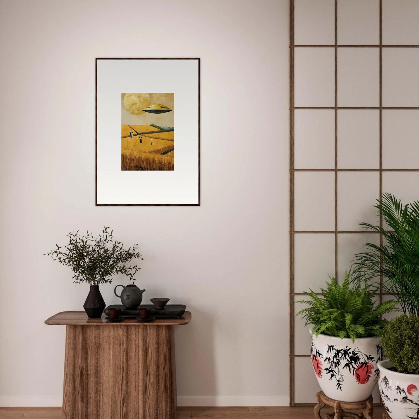 Framed canvas print of a melancholy field with birds for stylish room decoration