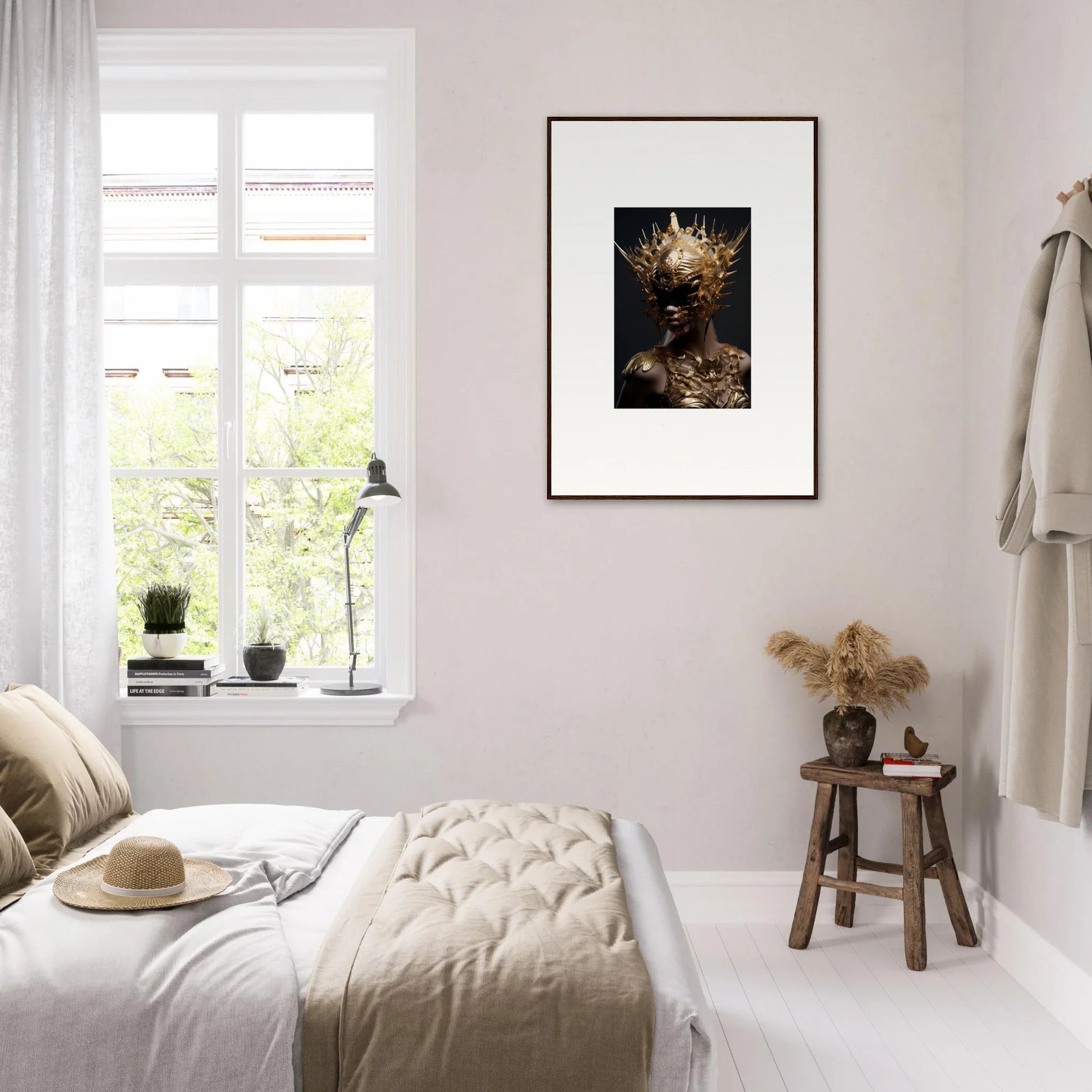 Cozy bedroom featuring neutral decor and a vintage bloom canvas print on the wall