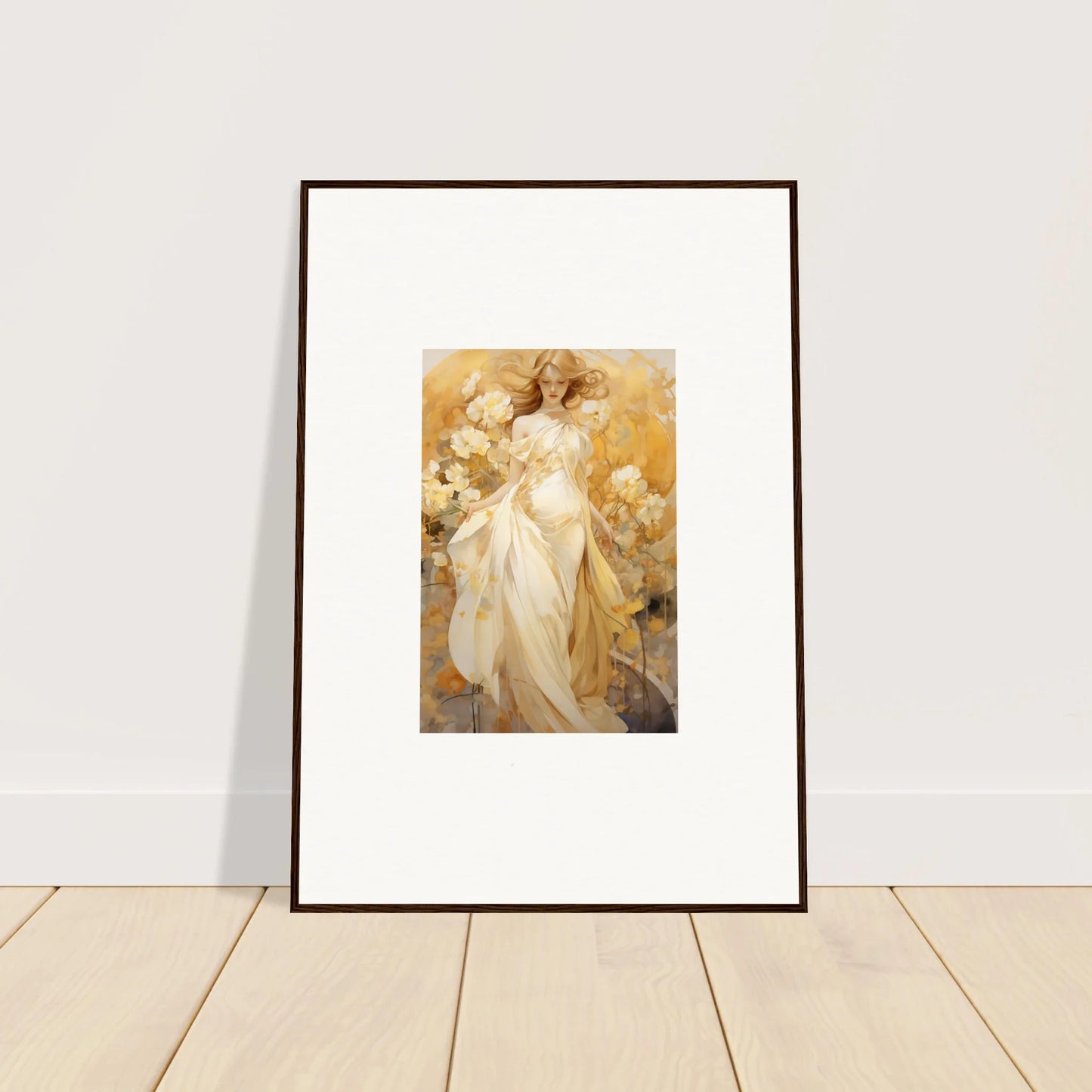 Framed canvas print of a silk dream female figure in golden light for room decoration