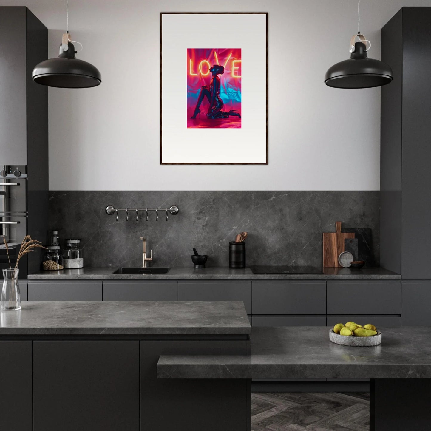 Modern dark kitchen featuring vibrant wall art canvas print for stylish kitchen decoration