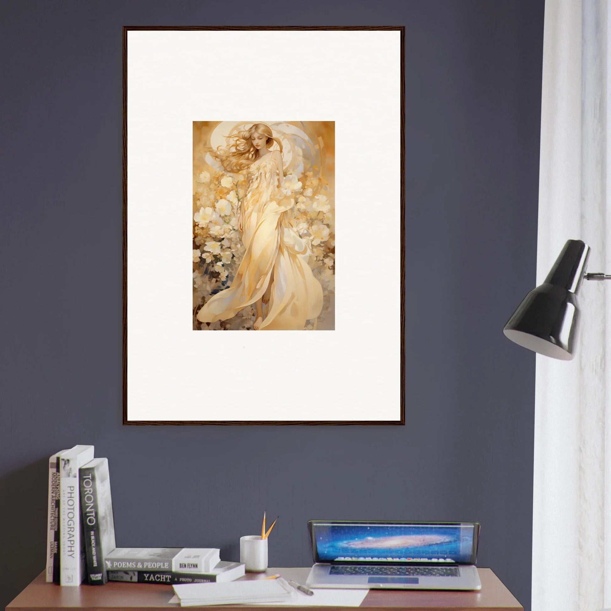 Framed canvas print of a golden female figure in floral harmony for room decoration