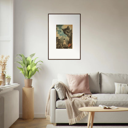 Framed surrealist canvas print of a cat’s face over a cityscape, perfect room decoration