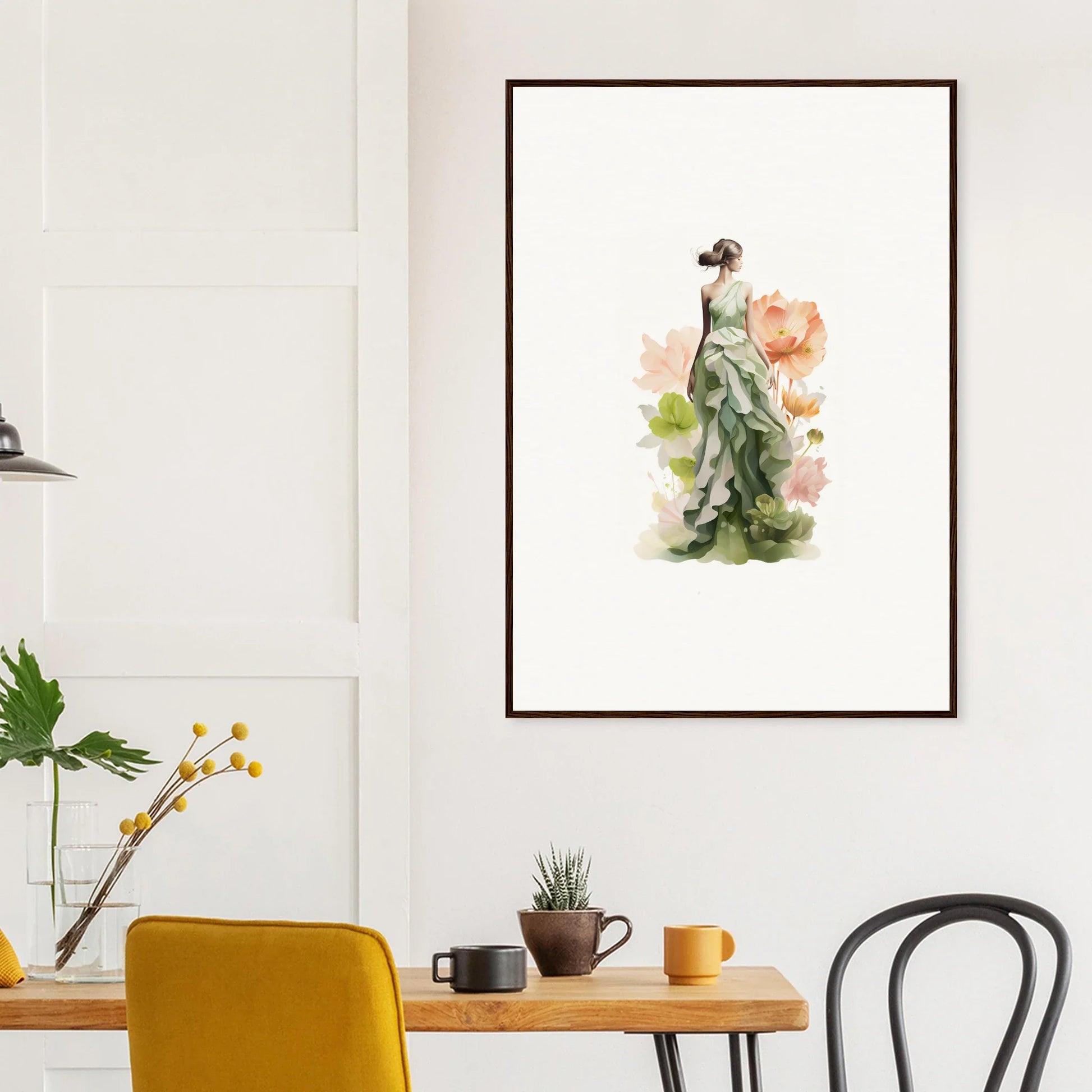 Watercolor painting of a woman in a flowing green dress for spring symphony room decoration