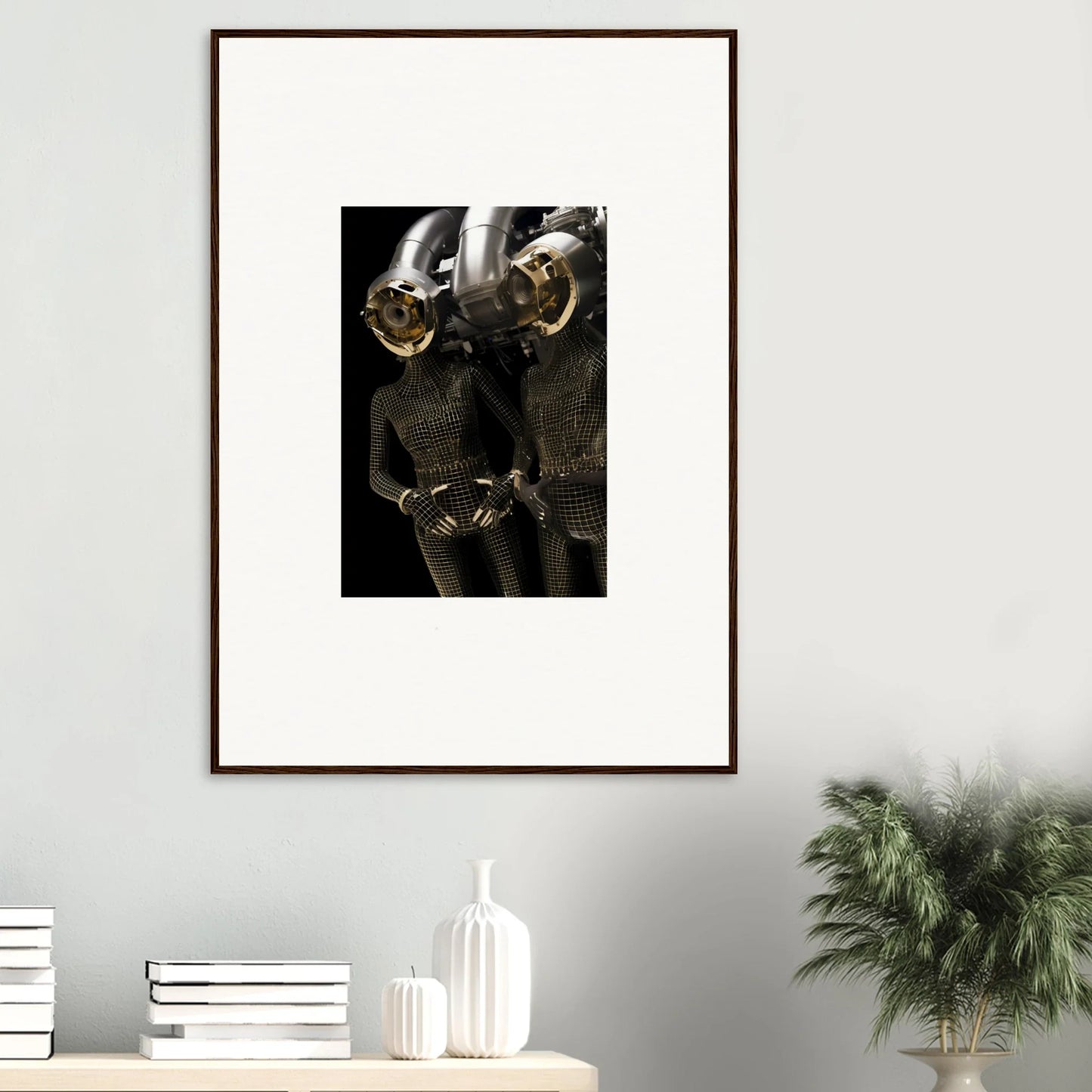 Framed canvas print of a person in a gold mask, perfect for room decoration and synth boundaries