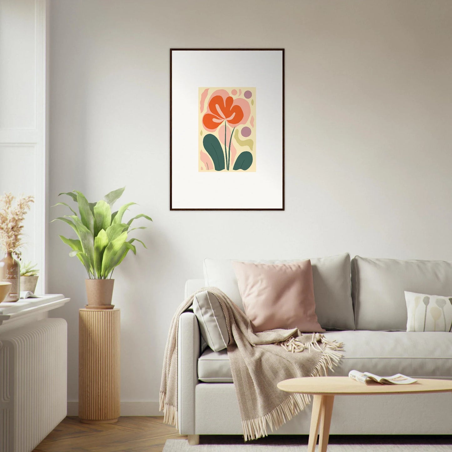 Framed abstract floral canvas print with orange flower for stylish echoes whimsy room decoration