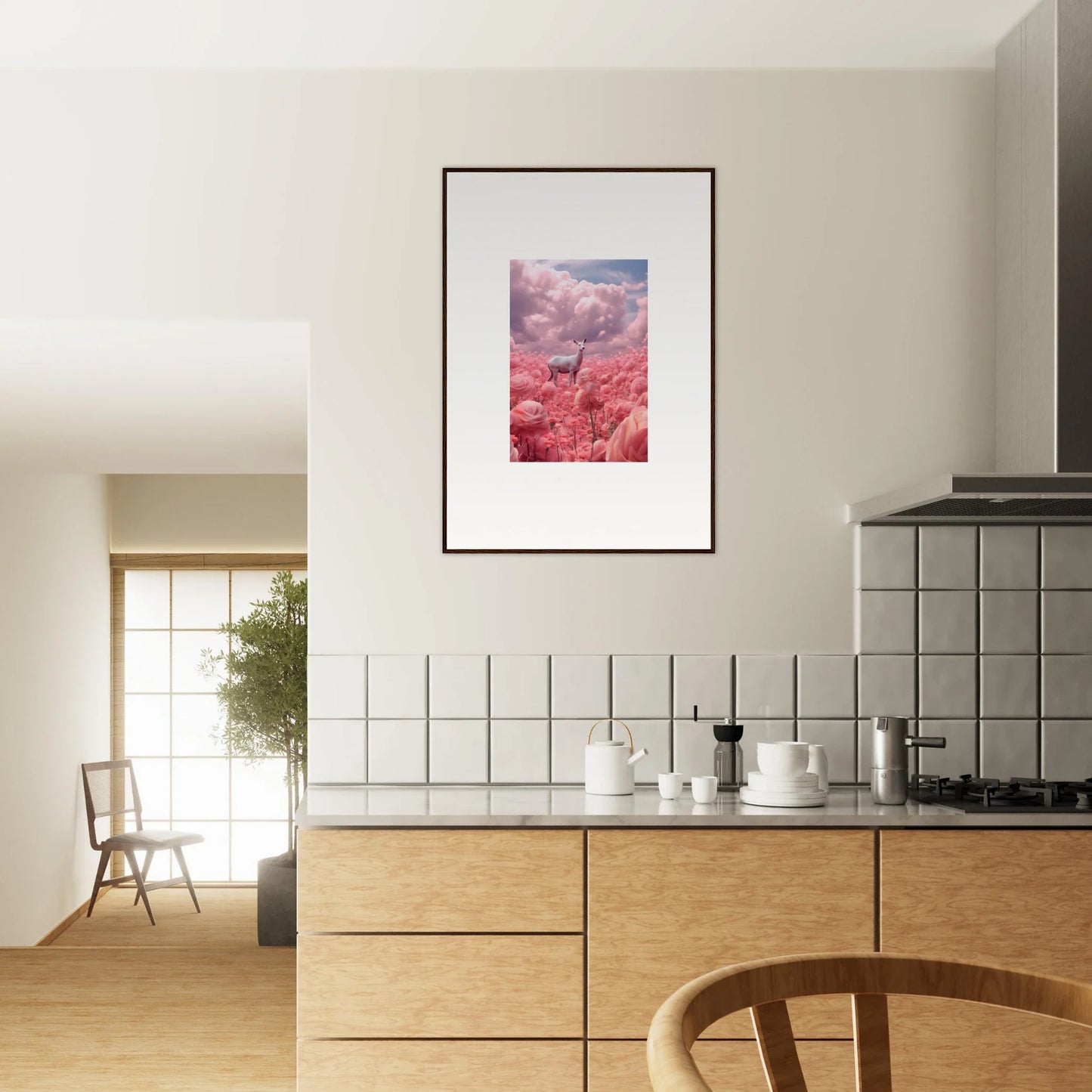 Framed Petaled Phantasm canvas print of a pink and red abstract landscape wall art