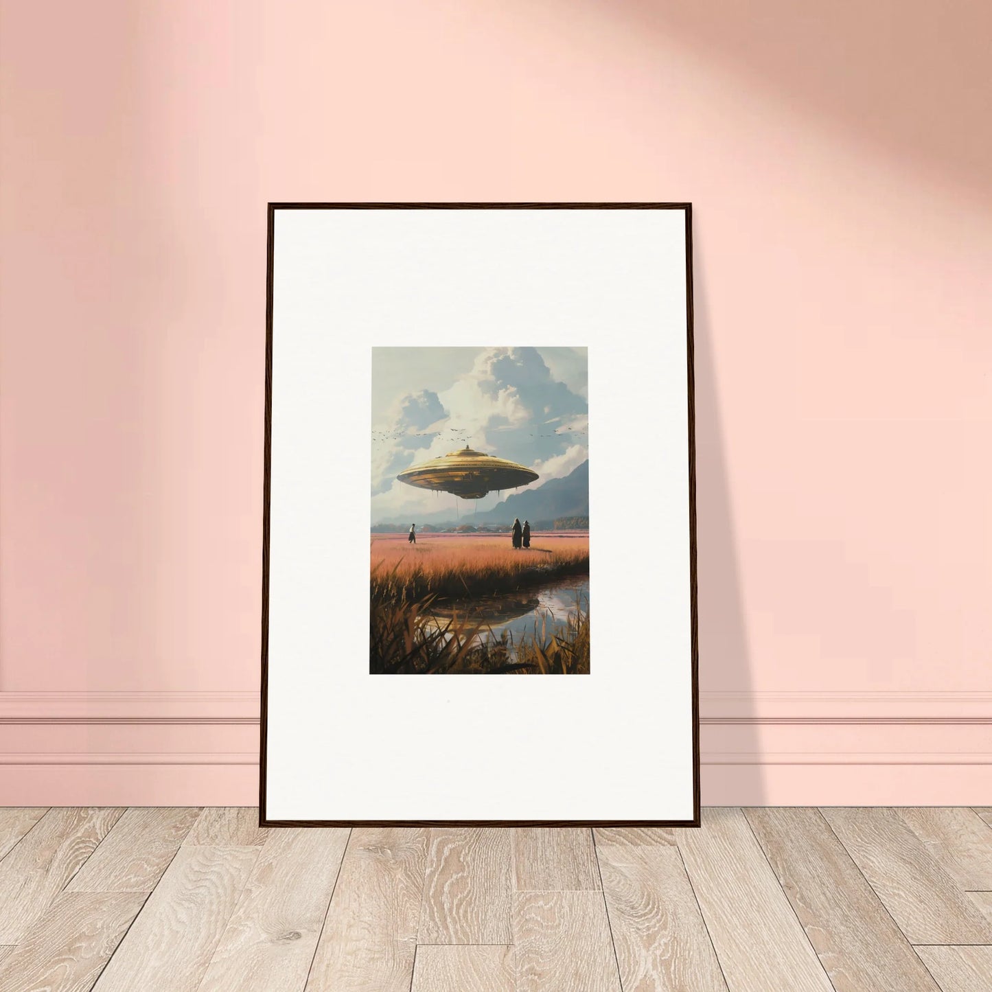 Framed canvas print of a UFO over a landscape, perfect for drifting suns room decoration