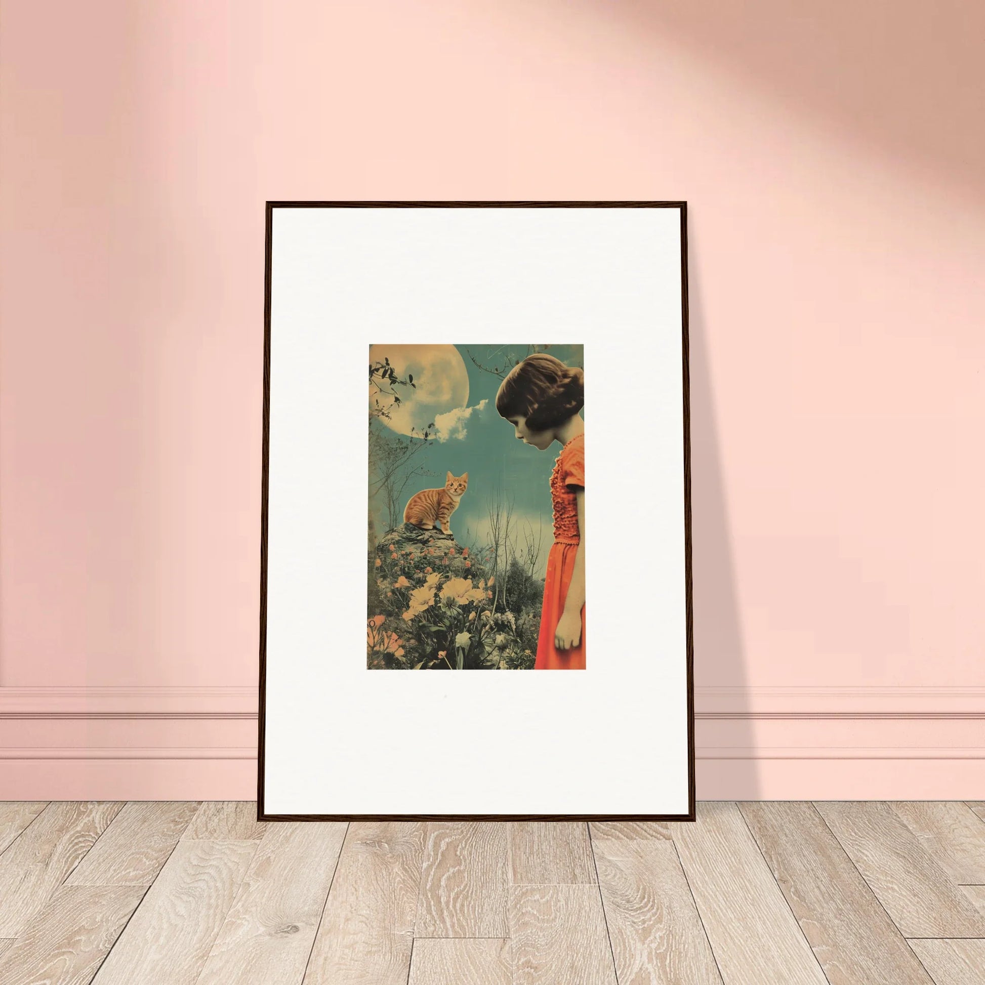 Framed vintage canvas print of a surreal flora reverie with a fox and butterflies