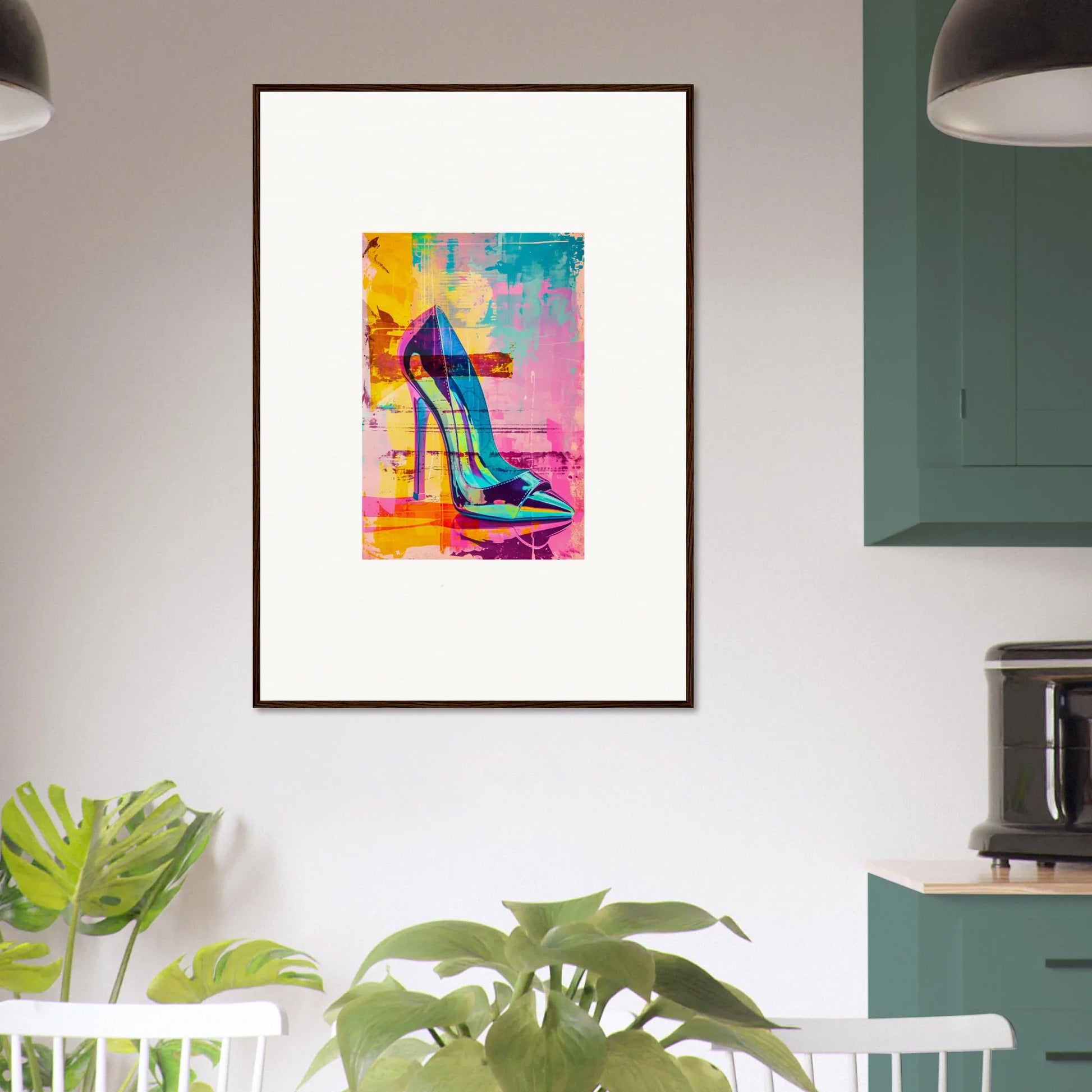 Colorful abstract painting of a high-heeled shoe for elegant room decor, Noir Reverie