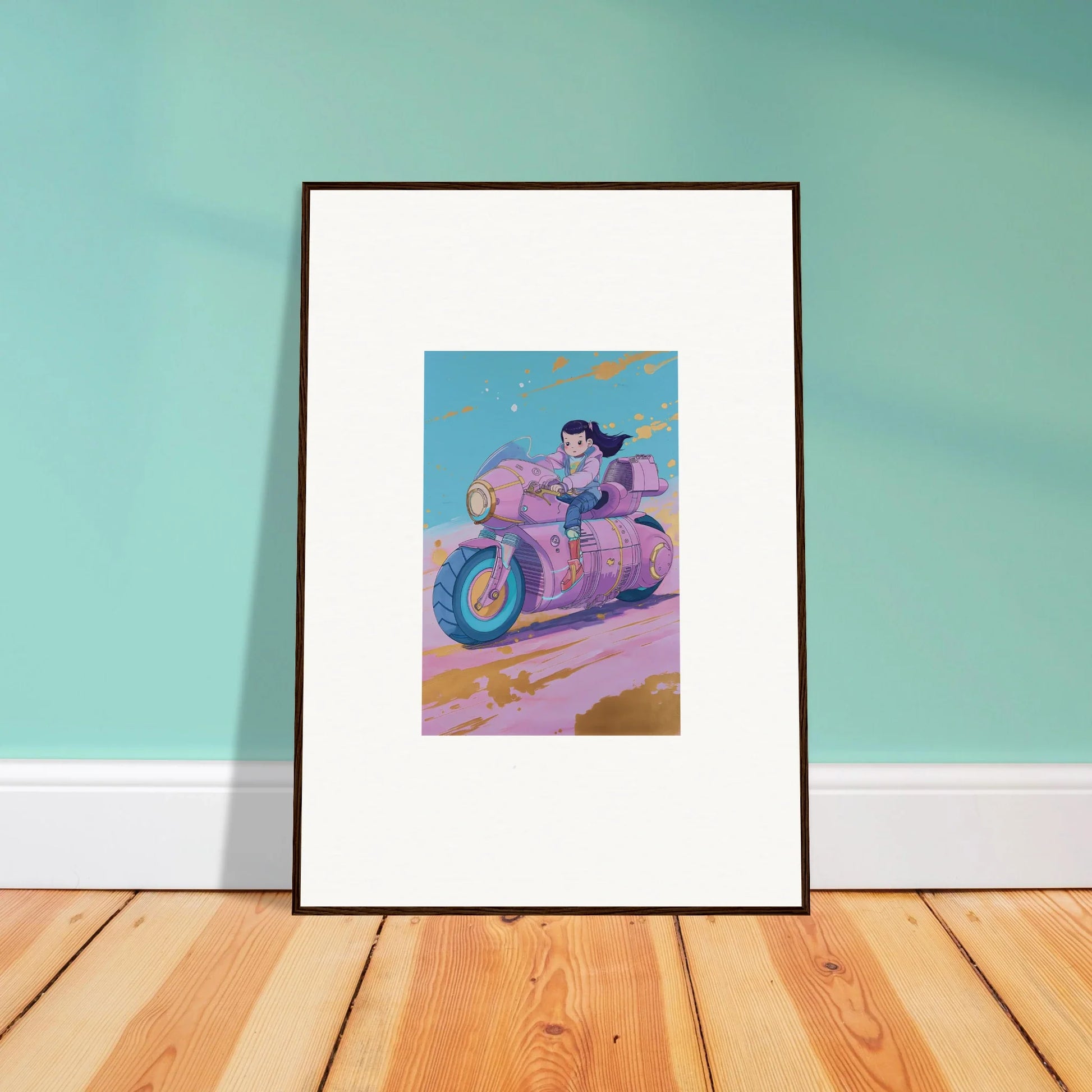 Framed canvas print of a cartoon character on a pink motorcycle for cool room decoration