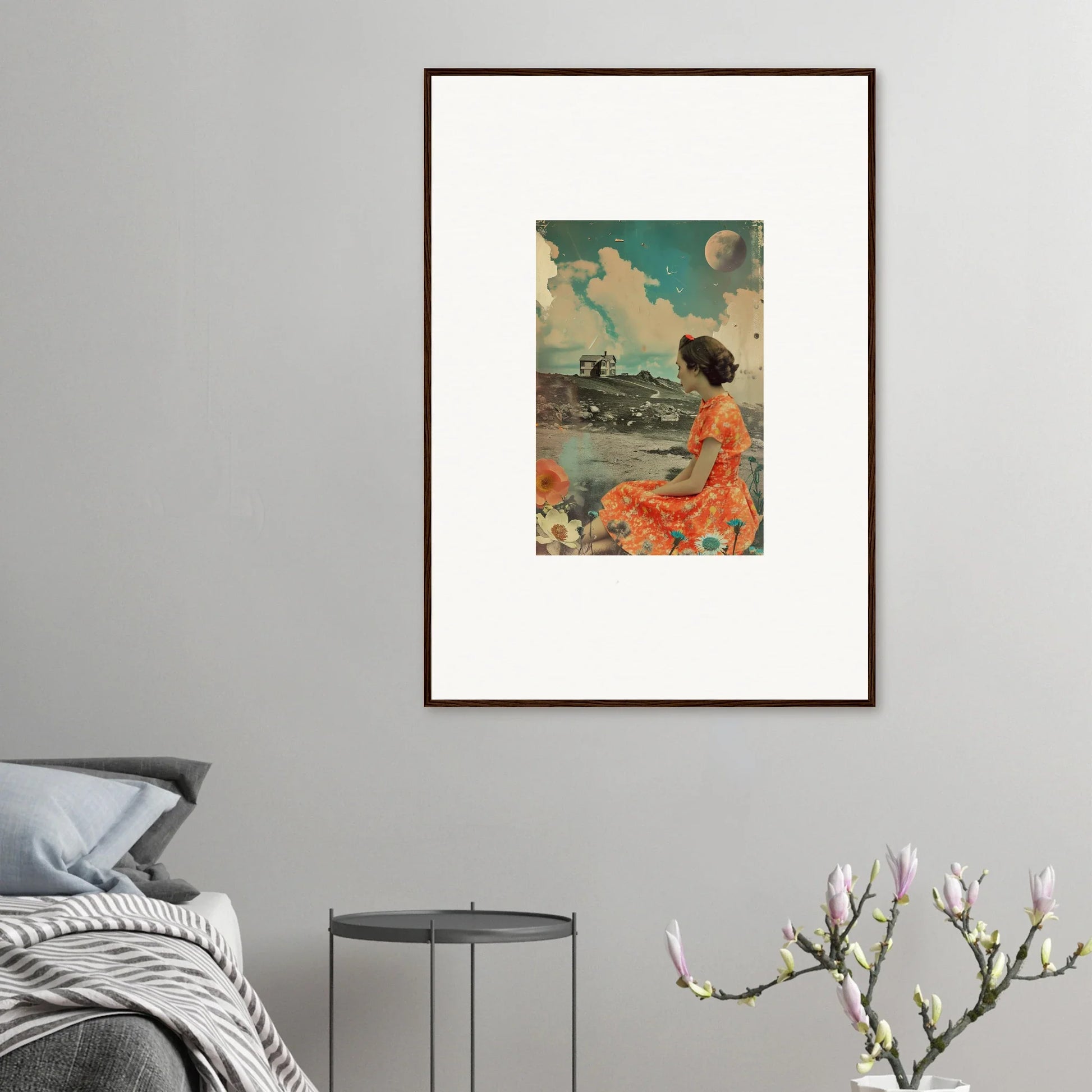 Framed vintage-style canvas print of a person in an orange dress by the sea, Color Reverie