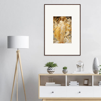 Framed canvas print of Golden Petal Serenade, featuring an ethereal figure in gold