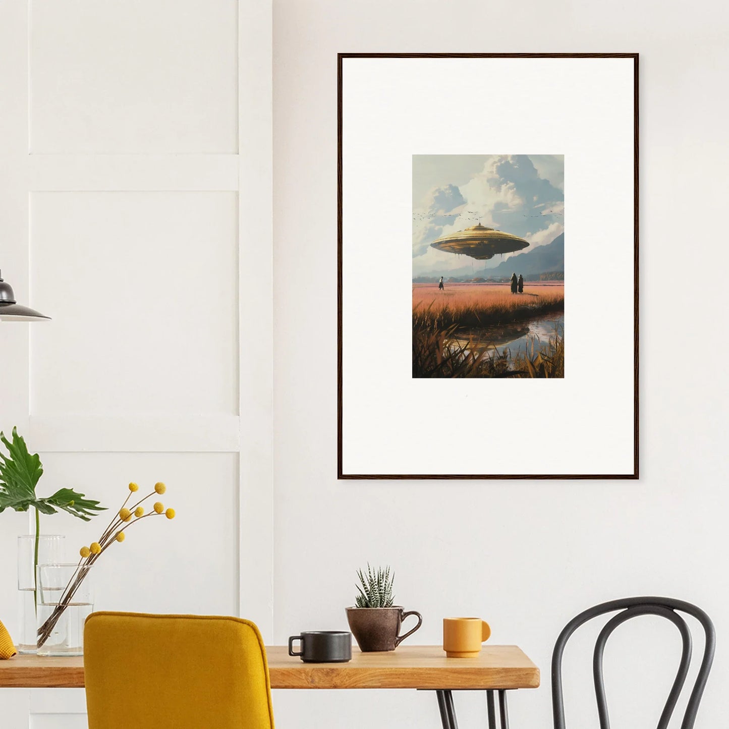 Framed canvas print of a UFO over a sunset, perfect for room decoration with drifting suns