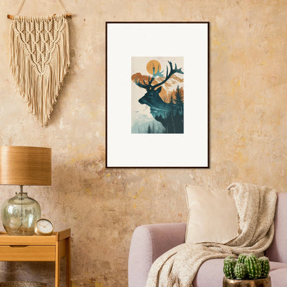 Framed canvas print of a deer silhouette with nature scenes for stylish room decoration