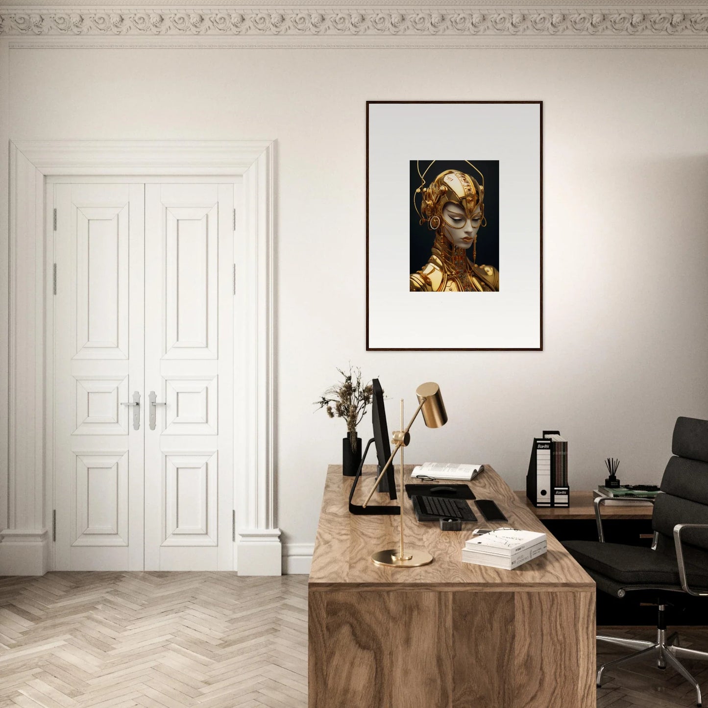 Elegant home office featuring Moulin Mystique canvas print and stylish wooden desk