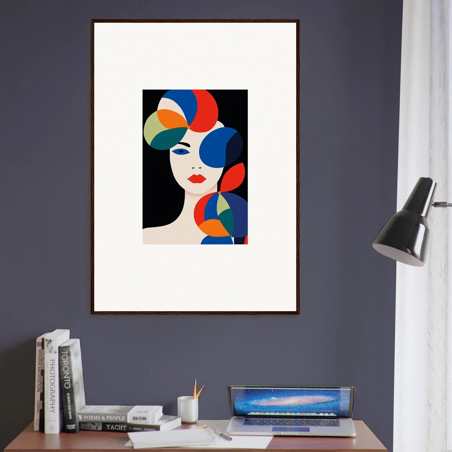 Framed canvas print of colorful geometric shapes and a face for unique room decoration